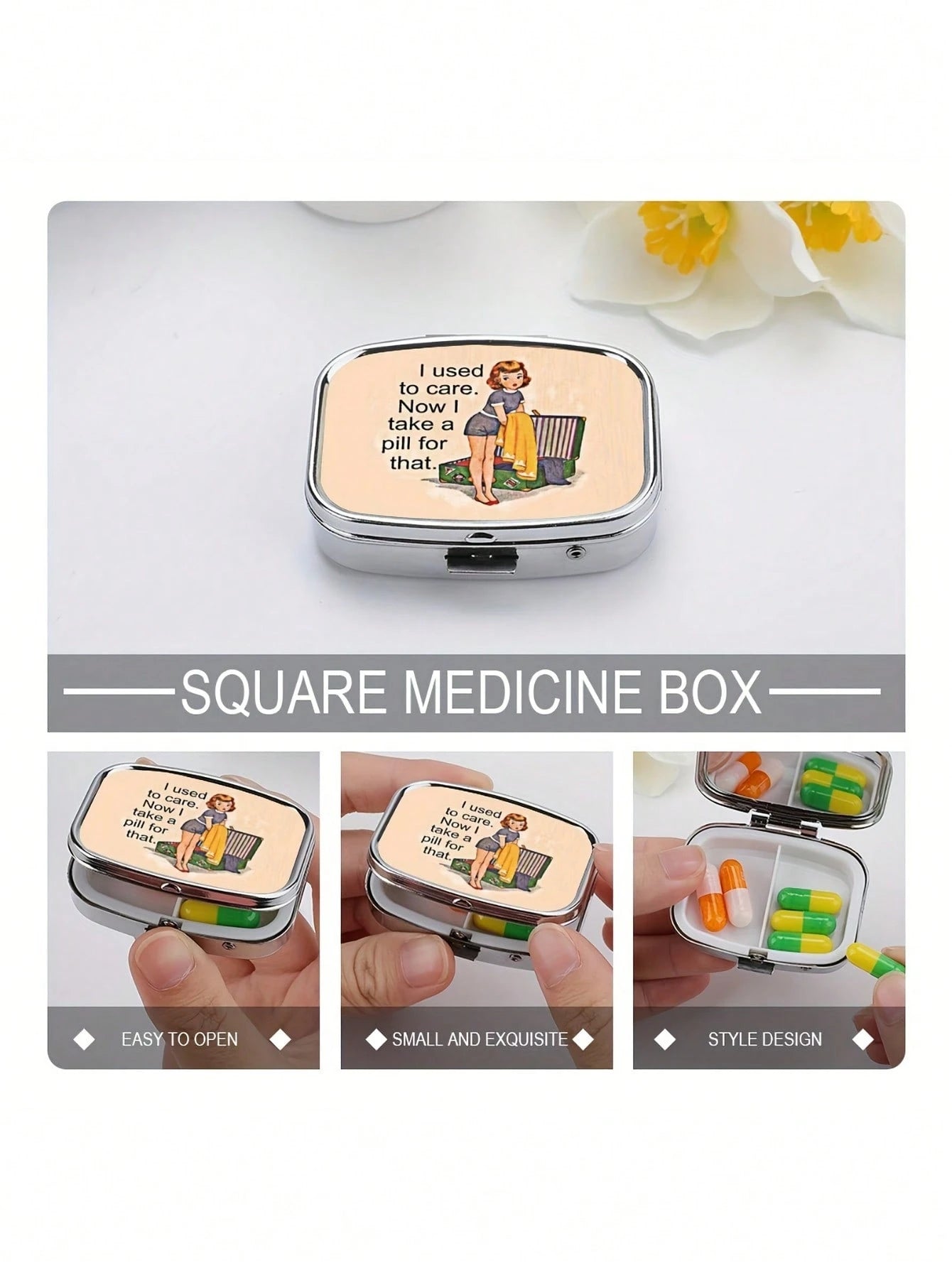 Retro Comic Dual-Compartment Travel Pill Case with Mirror